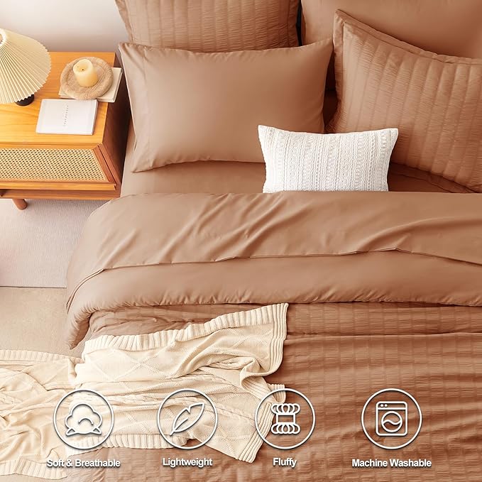 CozyLux Queen Comforter Set Pumpkin Seersucker 7 Pieces Bed in a Bag Queen - Image 2