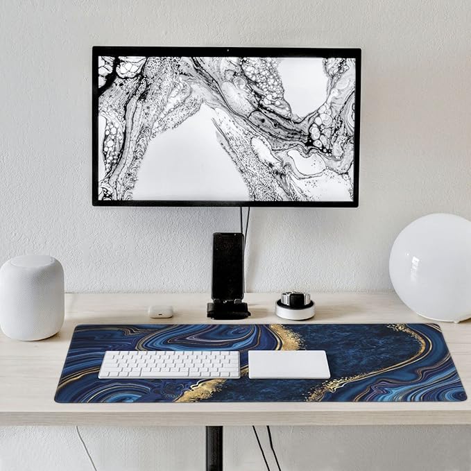 CANFLASHION Gaming Mouse Pad,Large Mouse Pads for Desk,Non-Slip Rubber Base Extended Mousepad,XXL Keyboard Mouse Mat,Computer Keyboard Desk Pad with Stitched Edges,35.4x15.8inch,Blue Golden Marble