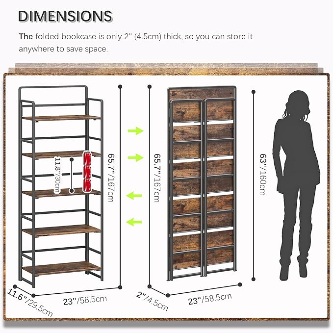 4NM No Assembly 5 Tiers Folding Bookshelf Storage Shelves Vintage Bookcase Standing Racks Study Organizer Home Office (Rustic Brown Black)