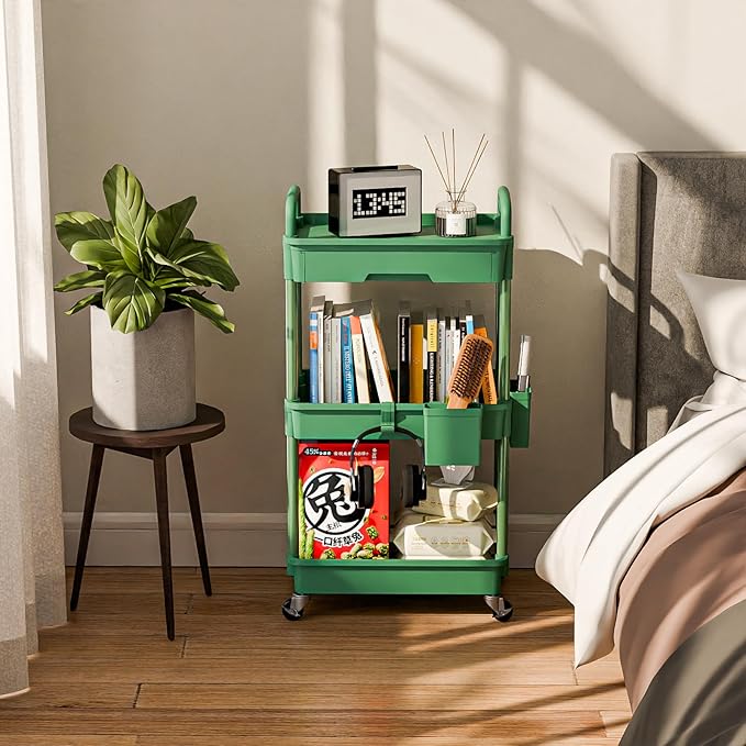 Sorgion 3 Tier Rolling Cart Organizer,Laundry Room Bathroom Organizers and Storage Office Shelves Mobile Shelving Unit Kitchen Trolley Cart with Wheels for Art,Craft,Diaper,Bedside,Snack(Green)