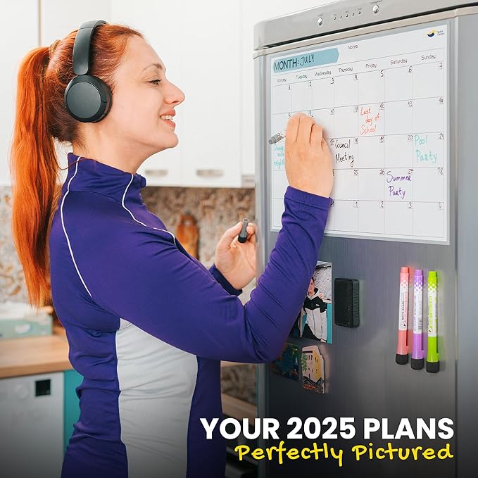 Monthly Magnetic Calendar for Refrigerator - 17x12” Stain-Resistant Dry Erase Fridge Calendar Whiteboard with Large Writing Space for Schedules, Chores & Meals - With 4 Markers & Eraser - Monday Start