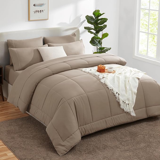 CozyLux Queen Comforter Set Khaki, 7 Pieces Bed in a Bag, Khaki Comforters - Image 8