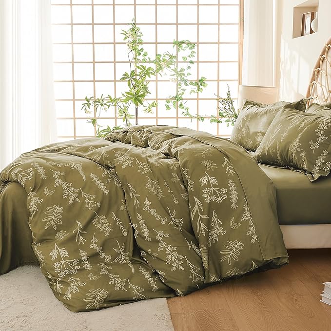 MUXHOMO Duvet Cover Full Size, Reversible Floral Olive Green Duvet Cover Set - Image 2