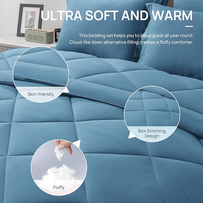 Love's cabin Twin XL Comforter Set Misty Blue, 5 Pieces Twin XL Bed in a Bag - Image 5