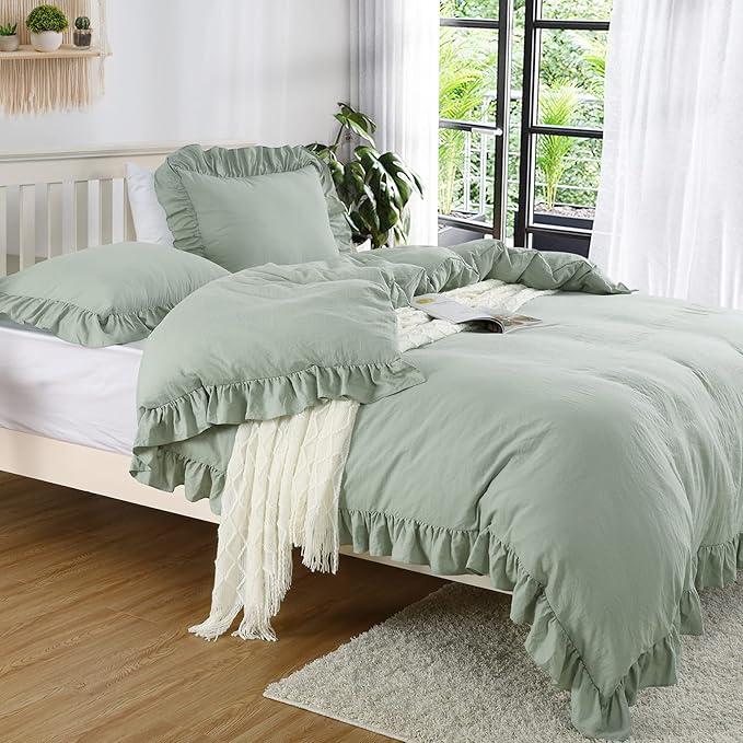 Sage Green Ruffled Duvet Cover Twin, Sage Green, 68x90 in by CAROMIO