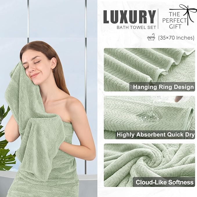 4 Piece Extra Large Bath Towel 35"x70" Oversized Bath Sheet Green Bath Towel Set - Image 3