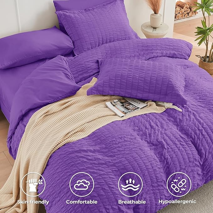 HYMOKEGE Bright Purple King Size Comforter Set Seersucker 7 Pieces, All Season - Image 3