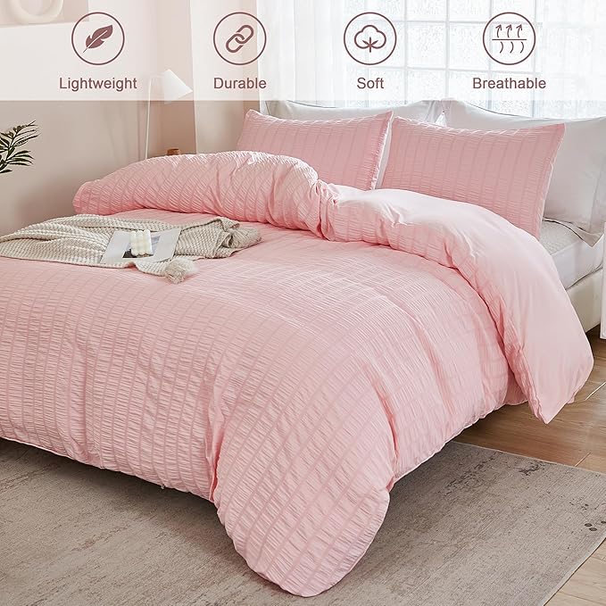 AveLom Blush Pink Seersucker Duvet Cover Set King Size, 3 Pieces, Ultra Soft - Image 2