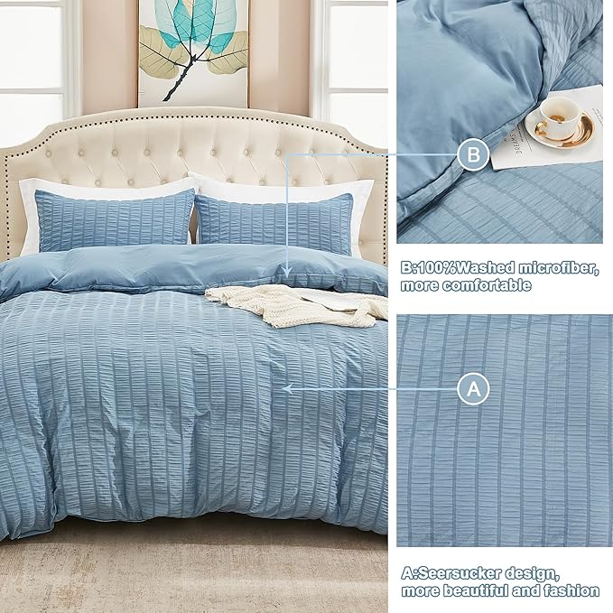 AveLom Grayish Blue Duvet Cover King, 3 Pieces, Seersucker Striped Soft Washed - Image 5