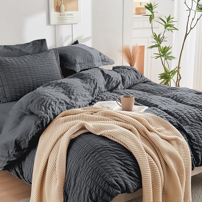 HYMOKEGE Dark Grey Twin Size Duvet Cover, Ultra Soft 2-Piece Seersucker Duvet - Image 7
