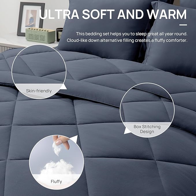 Love's cabin California King Comforter Set Navy Blue, 7 Pieces California King - Image 5