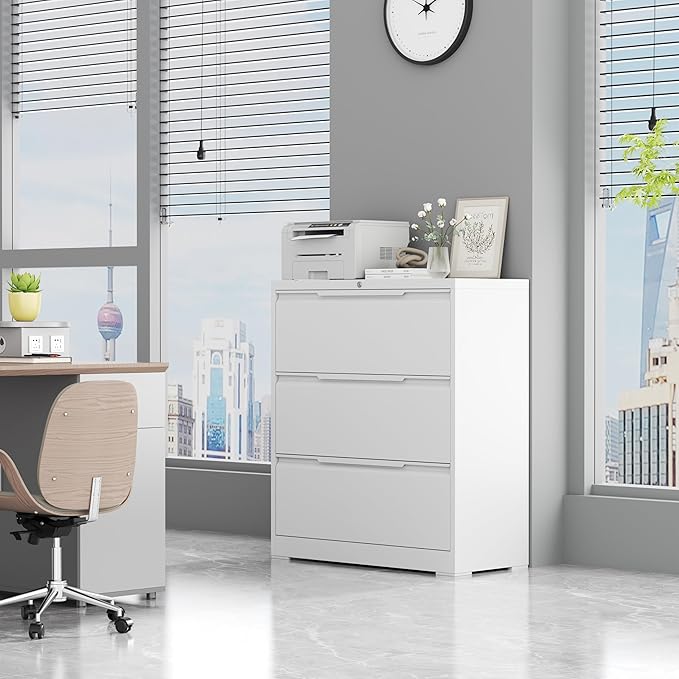 LONGLINK 3 Drawer Lateral File Cabinets with Lock,Metal Filing Cabinet for Home Office,Wide Office Storage Cabinet with Hanging Bars for A4 Legal/Letter Size(White-Easy Assembly)