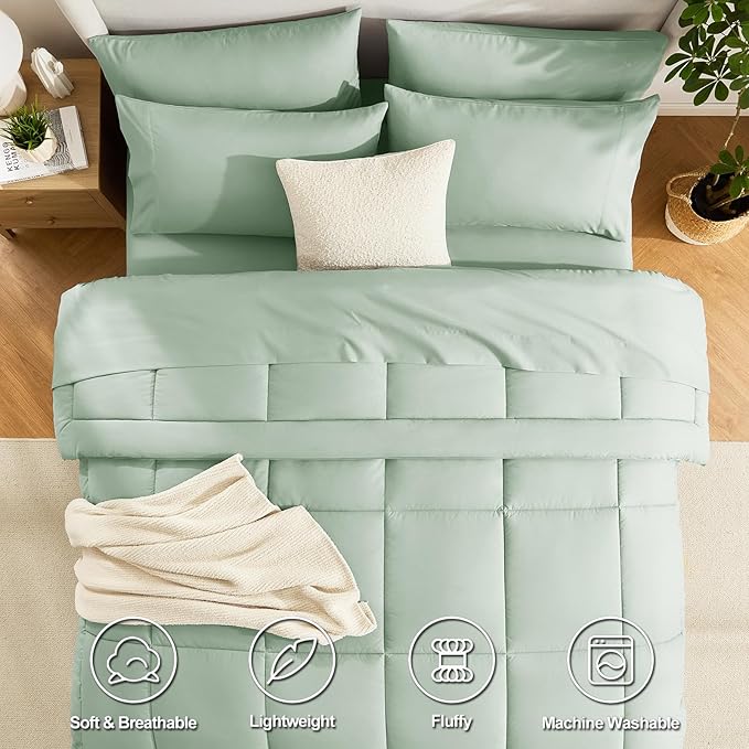CozyLux Full Size Comforter Sets Sage Green, 7 Pieces Bed in a Bag, All Season - Image 2