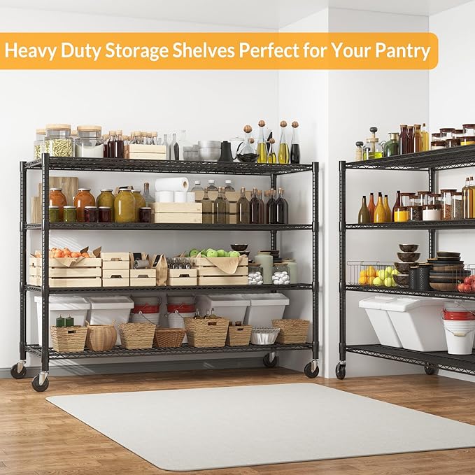 Himimi Storage Shelves with Wheels, 4-Tier Heavy Duty Steel Wire Rack Storage Shelving, Adjustable Metal Storage Shelves for Garage Kitchen Pantry Bathroom Laundry 18" D*60" W*72" H, Black