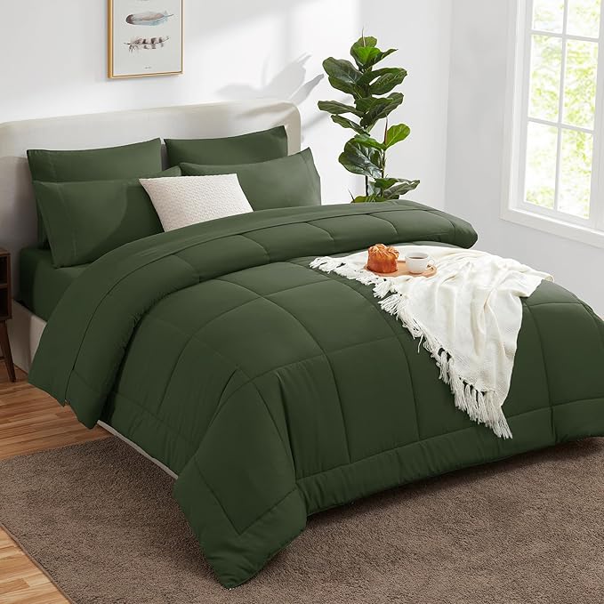 CozyLux King Size Comforter Set Olive Green, 7 Pieces Bed in a Bag, All Season - Image 8