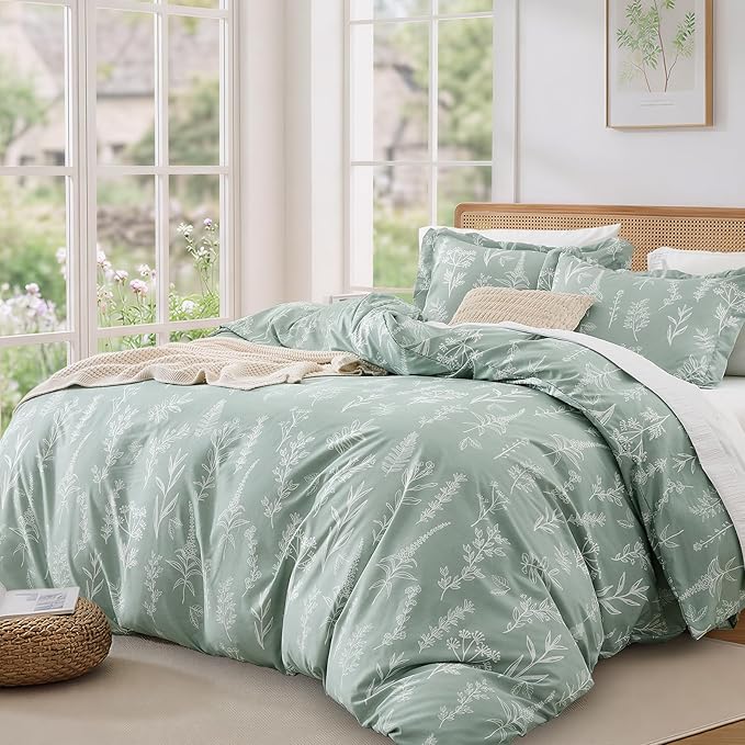 MUXHOMO Duvet Cover King Size, Reversible Floral Green Duvet Cover Set - Image 9