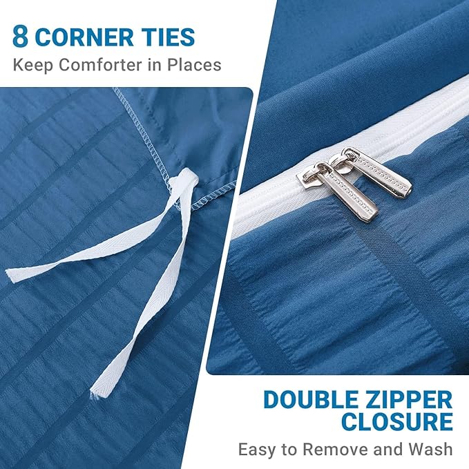 HYMOKEGE Teal Duvet Cover Full Size, Ultra Soft 3-Piece Seersucker Duvet Cover - Image 5