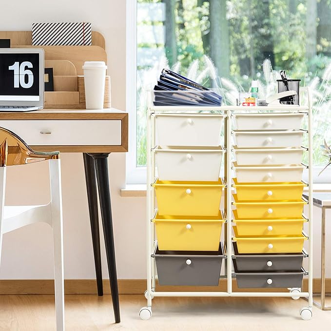 GOFLAME 15-Drawer Rolling Storage Cart, Craft Storage Cart with Removable Drawers & Lockable Wheels, Art Cart Supply Storage Organizer for Home Office Classroom, Yellow