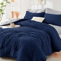 HYMOKEGE Navy Blue/Light Grey King Size Comforter Set Seersucker 7 Pieces by HYMOKEGE