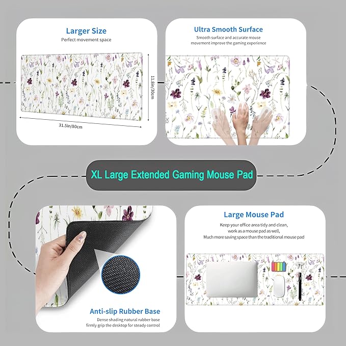 White Floral Desk Mat Cute Flowers Desk Pad Aesthetic Sage Mouse Pad XL Large Mousepad Desk Matt for Desktop, Laptop Pad Mat Keyboard and Mouse Mat for Women Office Decor Accessories 31.5x11.8 in