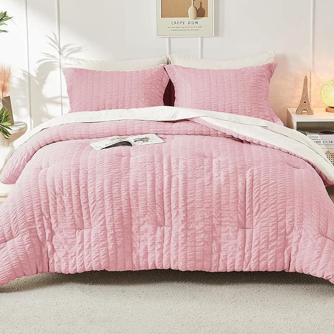 HYMOKEGE Pink/Ivory Twin Comforter Set Seersucker 5 Pieces, All Season Luxury - Image 9