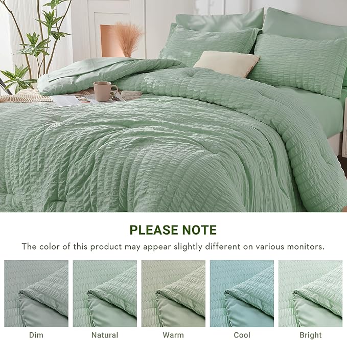 HYMOKEGE Sage Green Twin Comforter Set Seersucker 5 Pieces, All Season Luxury - Image 6