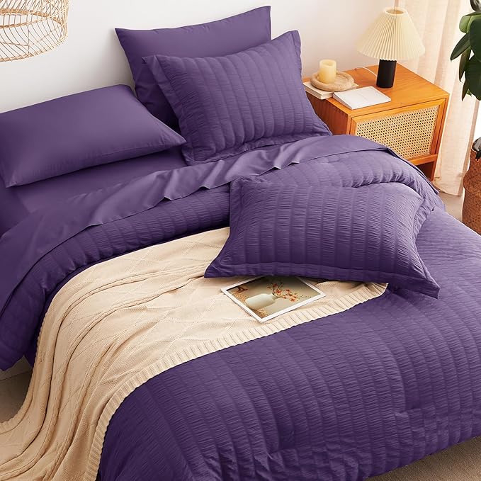 CozyLux Queen Comforter Set Purple Seersucker 7 Pieces Bed in a Bag Queen - Image 6