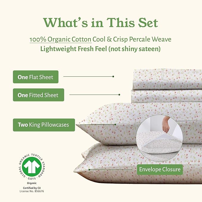 California Design Den King Floral Sheet Set, 100% Organic Cotton Percale Sheets - Image 5