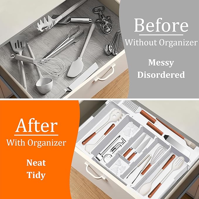 Spaclear Large Utensil Drawer Organizer Expandable Silverware Organizer for Kitchen Drawer Adjustable Cooking Utensil Holder Cutlery Flatware Tray Spatula Tools Gadgets Storage Dividers Plastic White