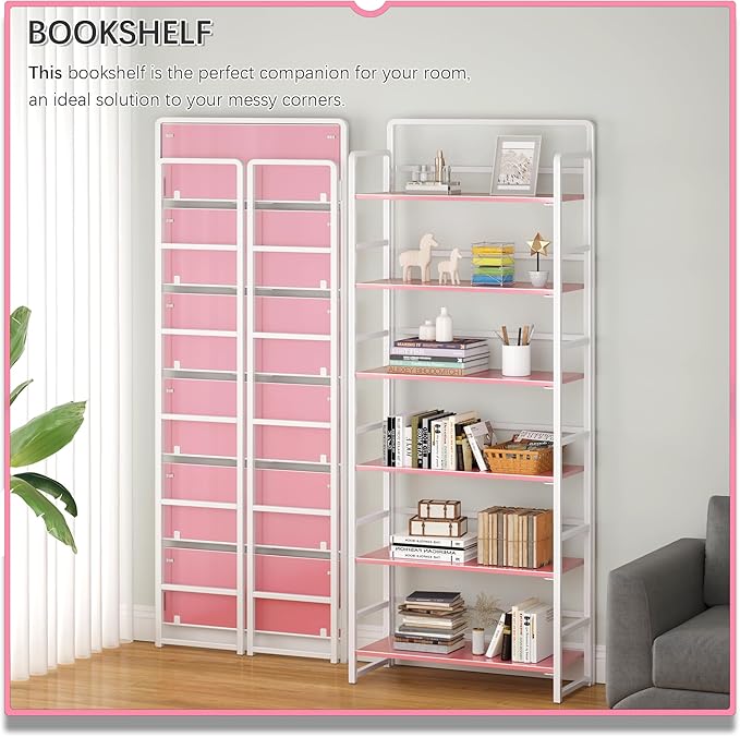 4NM No Assembly 6 Tiers Folding Bookshelf Storage Shelves Vintage Bookcase Standing Racks Study Organizer Home Office (Pink White)