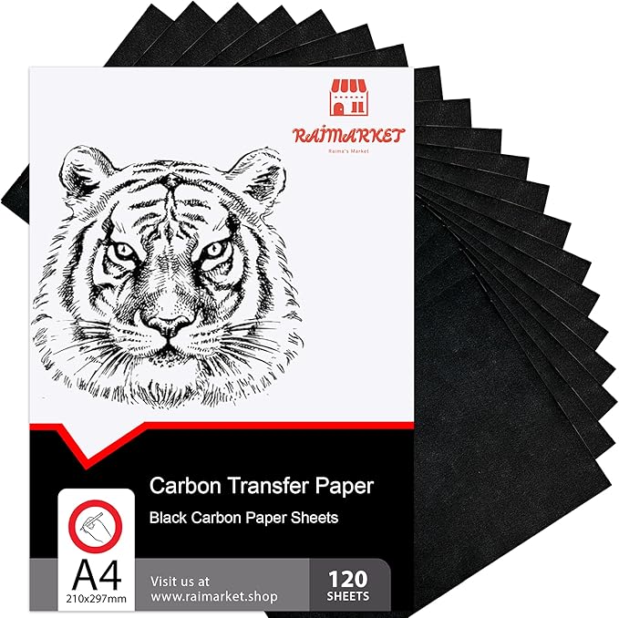 Raimarket 120 Sheets Carbon Paper for Tracing – Durable Smudge-Resistant Graphite Transfer Paper for Drawing, Sketching & Craft Projects | Black Copy Paper for Wood, Canvas, Fabric & Art Surfaces