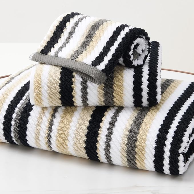 VOOVA & MOVAS Quick Dry Soft Absorbent Black Striped Towel Set by VOOVAMOVAS