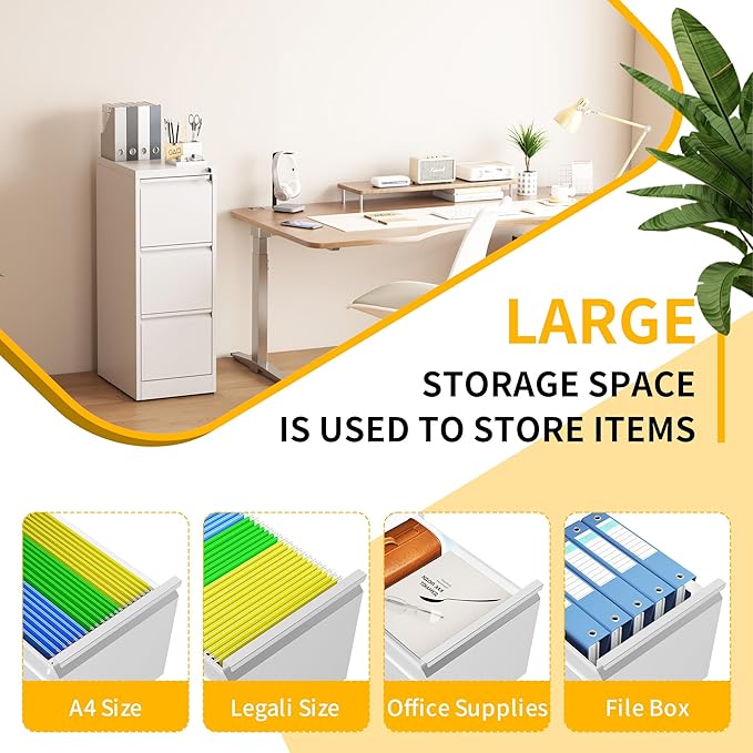 Reegangfa 3 Drawer File Cabinet with Lock, 18" D Metal Vertical Filing Cabinets, Steel File Storage Cabinets for Home Office, Hanging A4 Legal/Letter Size Narrow File Cabinet, Assembly Required