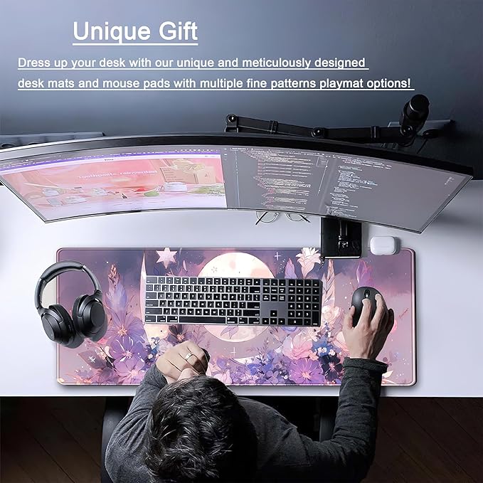 Cool Kawaii Pastel Purple Floral Desk Mat Mouse Pad Large Gaming Mousepad Spiritual Full Moon XL Extended Desk Pad Laptop Keyboard Mouse Mat, Cute Deskmat for Women Office Decor 31.5''x11.8''