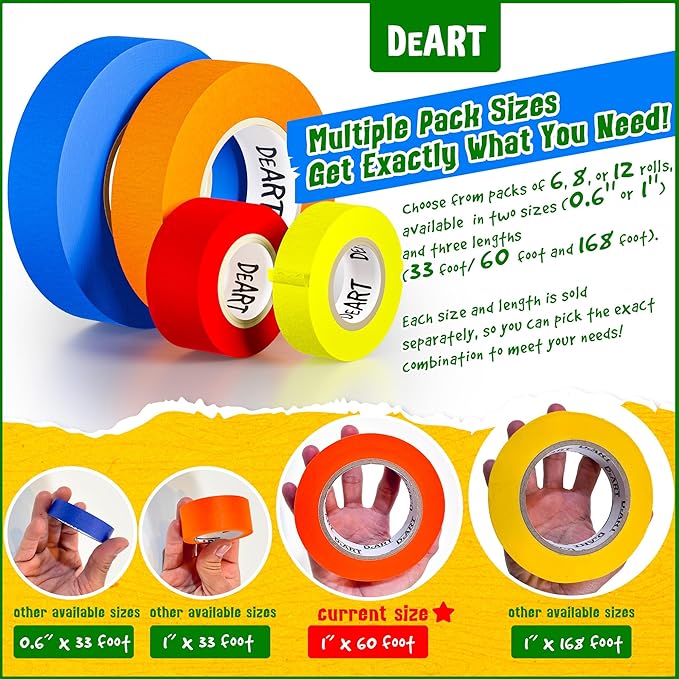 DEART 6 Pcs Colored Masking Tape, Extra Long 1008 Feet or 360 Feet x 1 Inch Painters Tape, Color Painter Tape for Arts & Crafts Labeling or Coding, Art Supplies (360 ft)