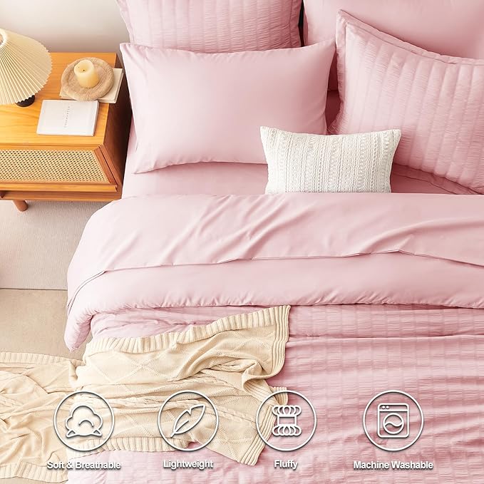 CozyLux King Size Comforter Set Pink Seersucker 7 Pieces Bed in a Bag King - Image 2