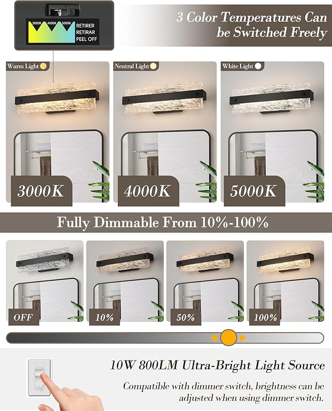 Modern Black Bathroom Vanity Light, 16.5 Inch 10W Dimmable LED Bathroom Light - Image 4