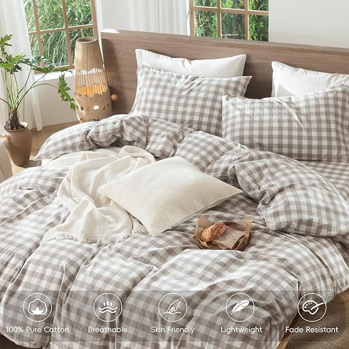 MooMee Gingham Duvet Cover Set 100% Washed Cotton Linen Like Textured - Image 4