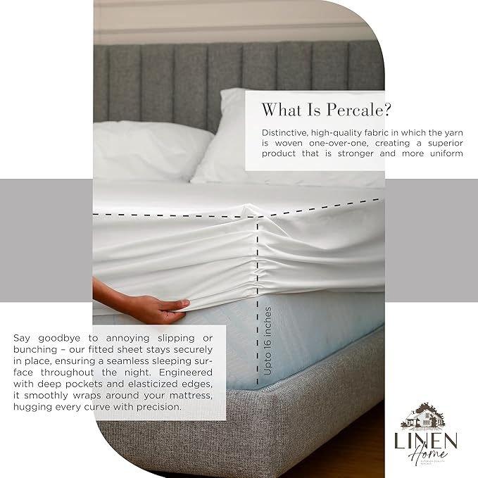 Linen Home 100% Cotton Percale Sheets Twin Size, Snow White, Deep Pocket - Image 4