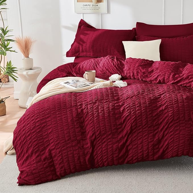 HYMOKEGE Burgundy Duvet Cover Full Size, Ultra Soft 3-Piece Seersucker Duvet by HYMOKEGE
