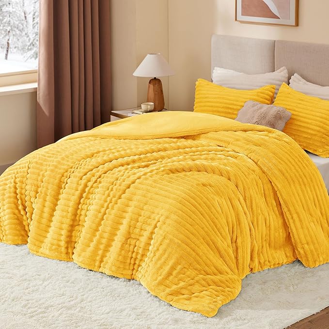 BEDELITE Fleece Queen Comforter Set -Super Soft & Warm Fluffy Bright Yellow - Image 2