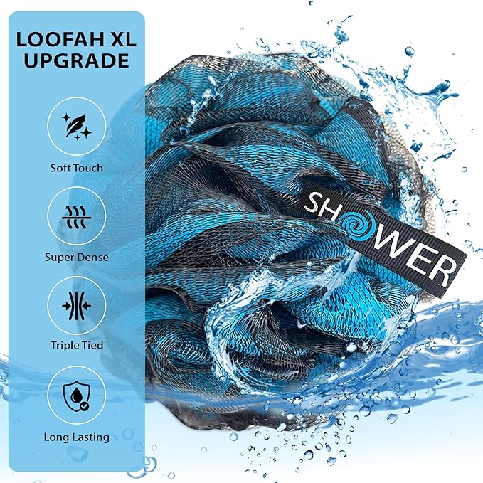 SHOWER BOUQUET Loofah-Charcoal Bath-Sponge XL-4-Pack-Blue-Green // Extra Large - Image 3