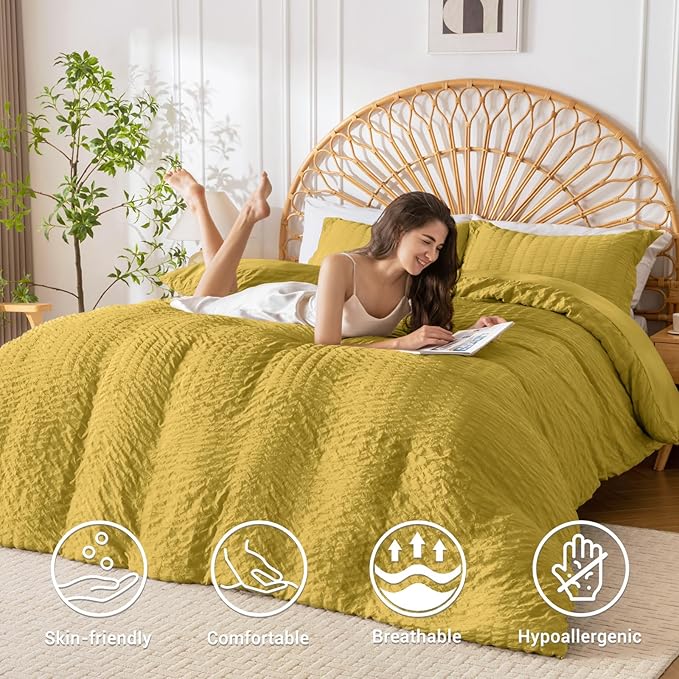 HYMOKEGE Mustard Yellow Duvet Cover Queen Size, Ultra Soft 3-Piece Seersucker - Image 2