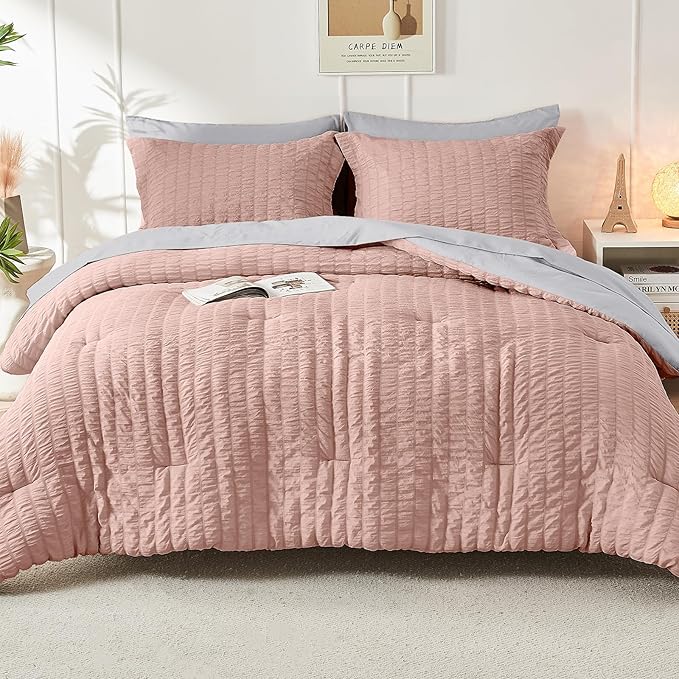 HYMOKEGE Rose Gold/Light Grey Twin XL Comforter Set Seersucker 5 Pieces - Image 9