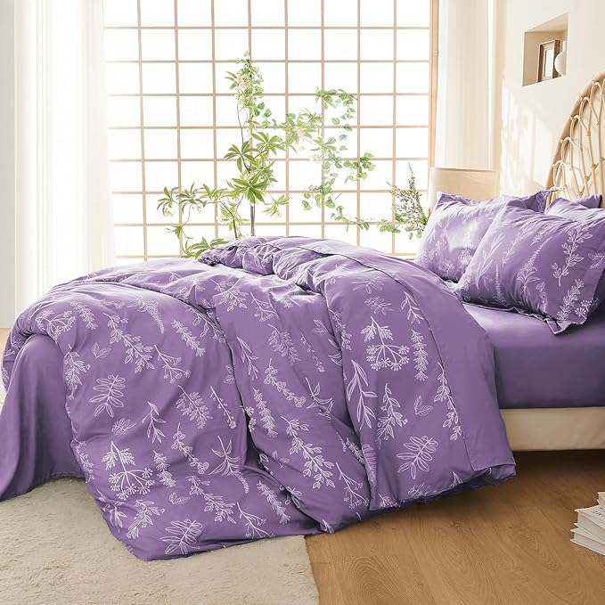 MUXHOMO Duvet Cover Queen Size, Reversible Floral Grayish Purple Duvet Cover Set - Image 2