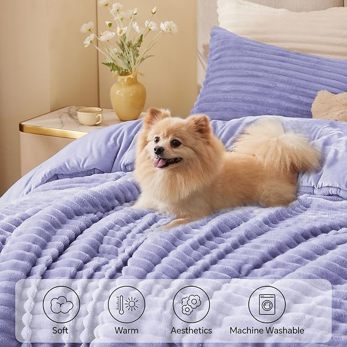 BEDELITE Fleece King Comforter Set -Super Soft & Warm Fluffy Lavender Bedding - Image 3