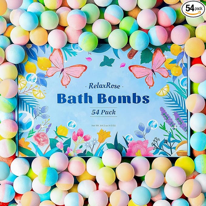 54 Pack Handmade Bath Bombs – 11 Vibrant Colors & 9 Unique Scents, Long-Lasting by RelaxRose