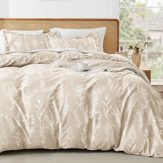 MUXHOMO Duvet Cover Full Size, Reversible Floral Beige Duvet Cover Set by MUXHOMO