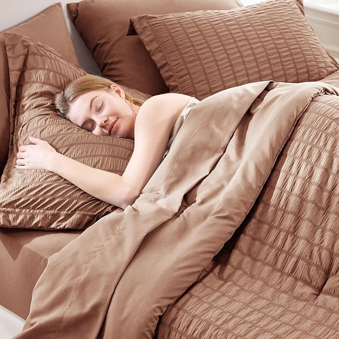 CozyLux Queen Comforter Set Mocha Mousse Seersucker 7 Pieces Bed in a Bag Queen - Image 5