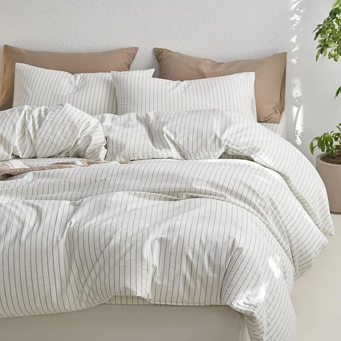 MooMee Striped Duvet Cover Set 100% Washed Cotton Linen Like Textured - Image 5